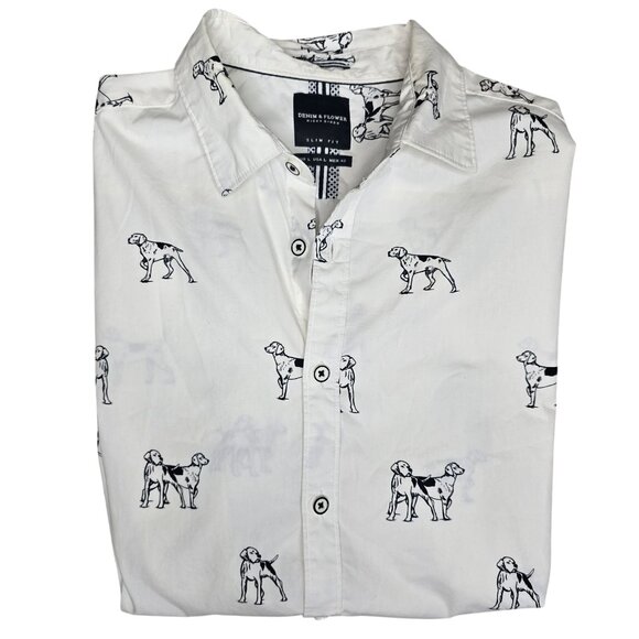 Denim & Flower Nicky Slim Fit Short Sleeve Button-Up Shirt L Dog Print White - Picture 2 of 5
